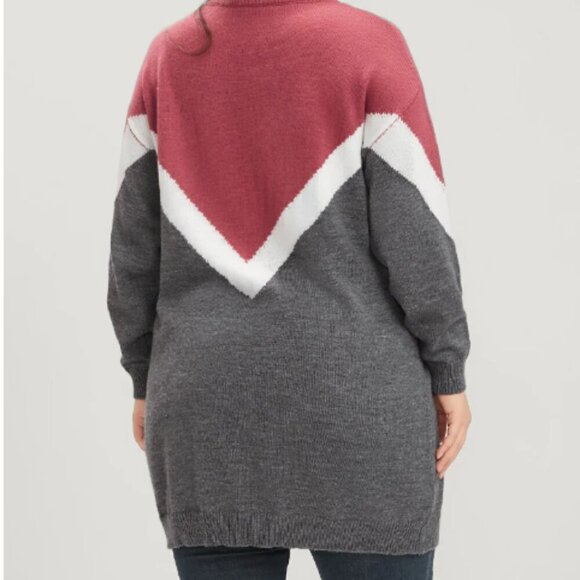 BloomChic Colorblock Contrast Pointelle Knit Round Neck Mid Long Knit Top - Picture 3 of 7
